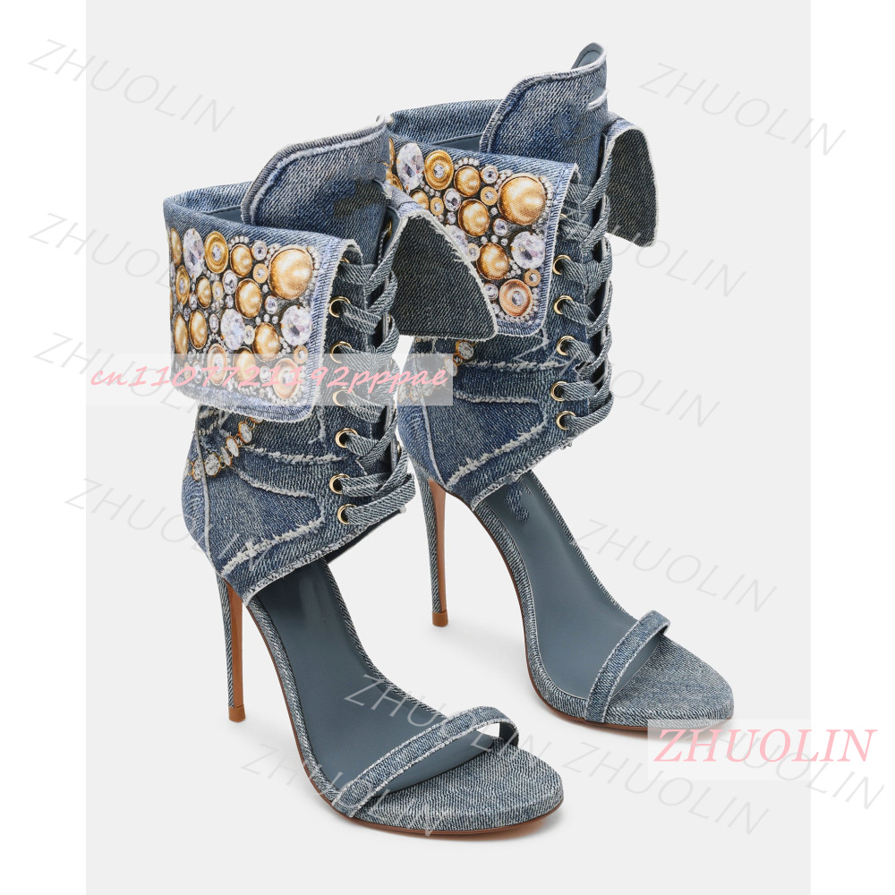 Women Shoes Us To Eu - Dames blauwe denim strass sandalen met