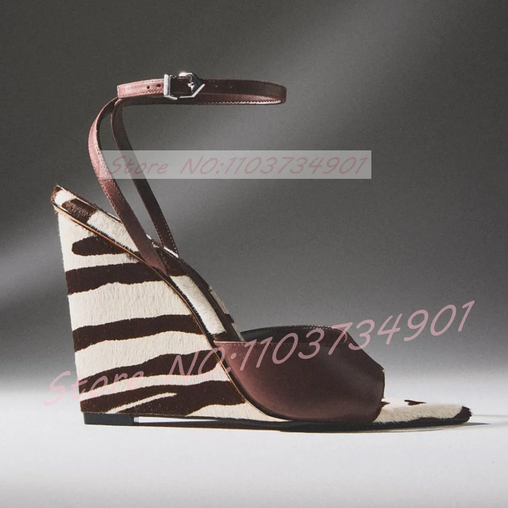 Clear Strap Heel - Zebraprint Paardenhaar Wedge Sandalen Dames Enkelbandje